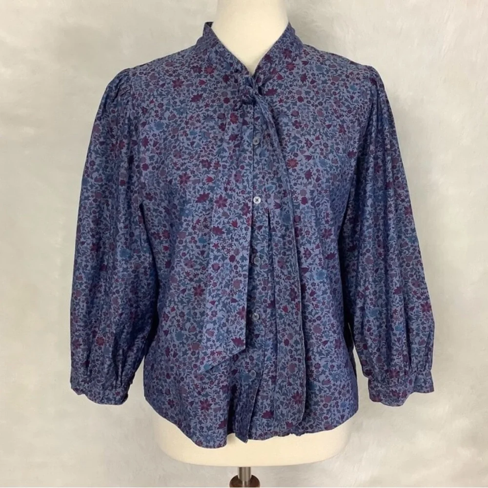 J. Crew Blue Puff Sleeve Blouse with Tie Front - Picture 1 of 7
